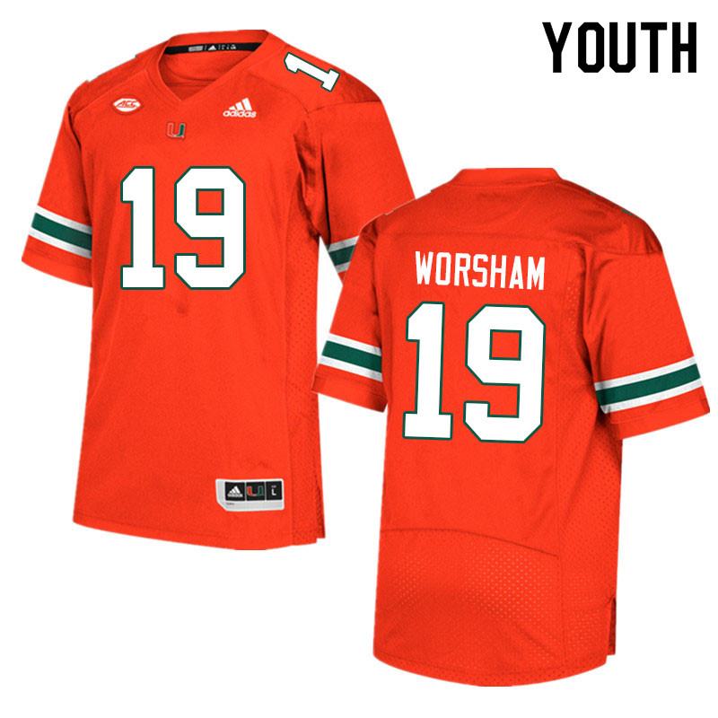 Youth #19 Dazalin Worsham Miami Hurricanes College Football Jerseys Sale-Orange